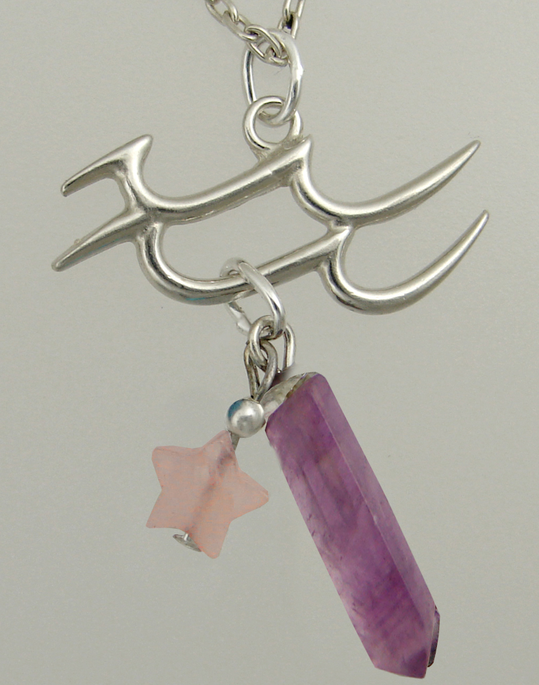 Sterling Silver Aquarius Pendant Necklace With an Amethyst Crystal And a Rose Quartz Star
